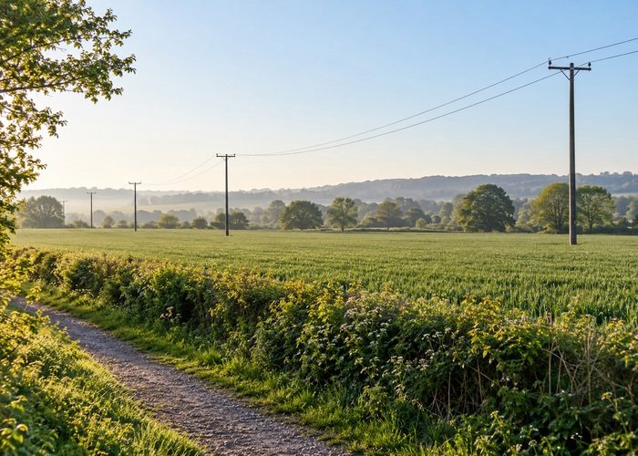 Illustrative distant overhead electrical line viewed from a separate path