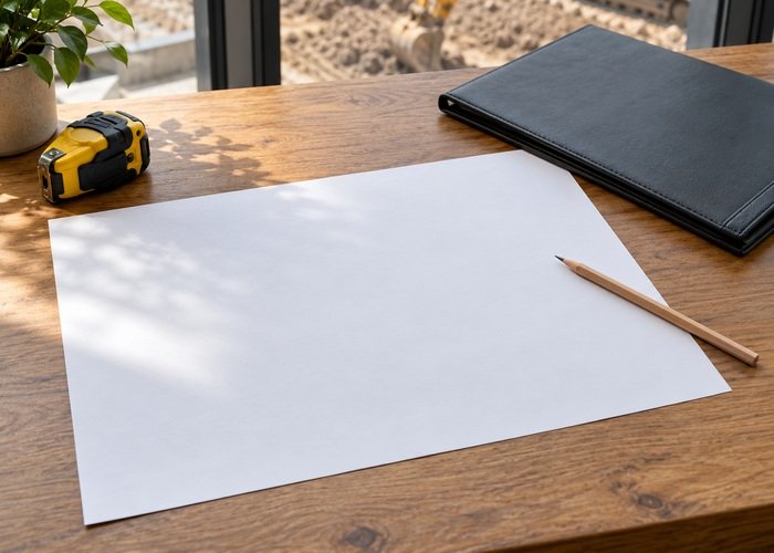 Illustrative blank site planning sheet beside a pencil and closed folder