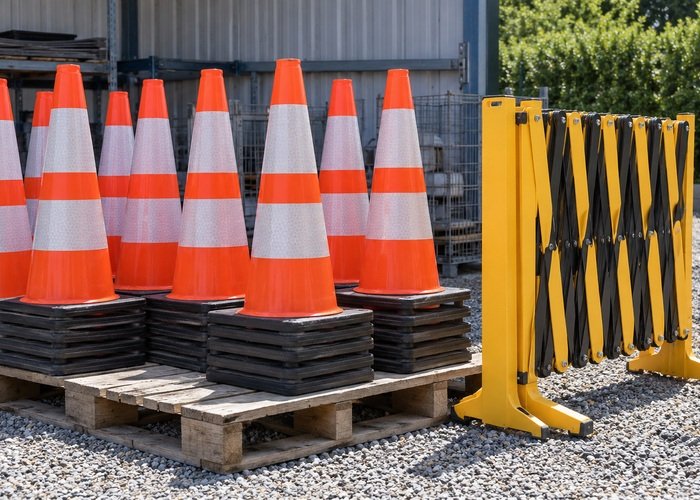 Illustrative stored cones and folded barrier awaiting a planned site arrangement