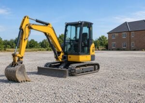 Illustrative parked mini excavator on wide gravel yard with distant building