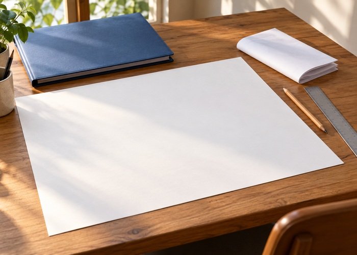 Illustrative blank site-planning sheet beside a ruler and closed project folder