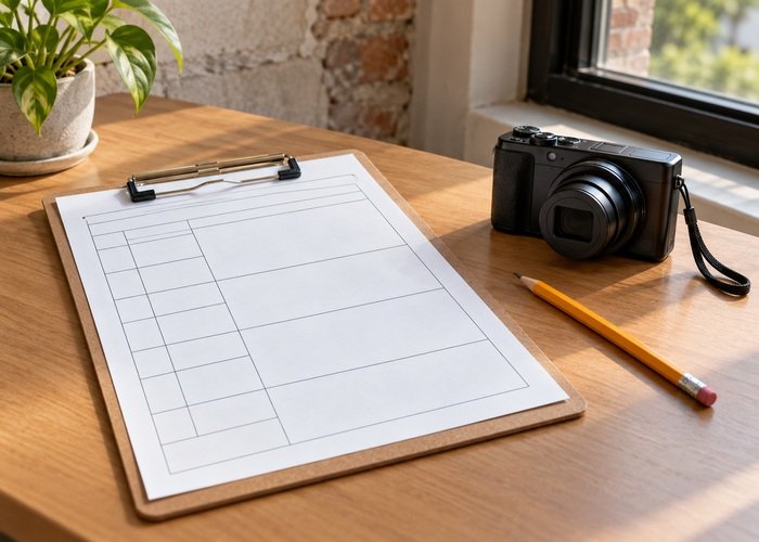 Illustrative blank condition record and camera on a desk