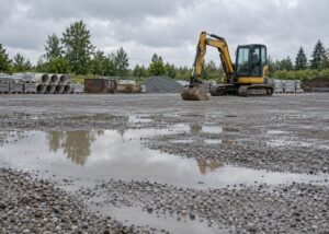 Illustrative wet staging yard with mini excavator parked on separate level area