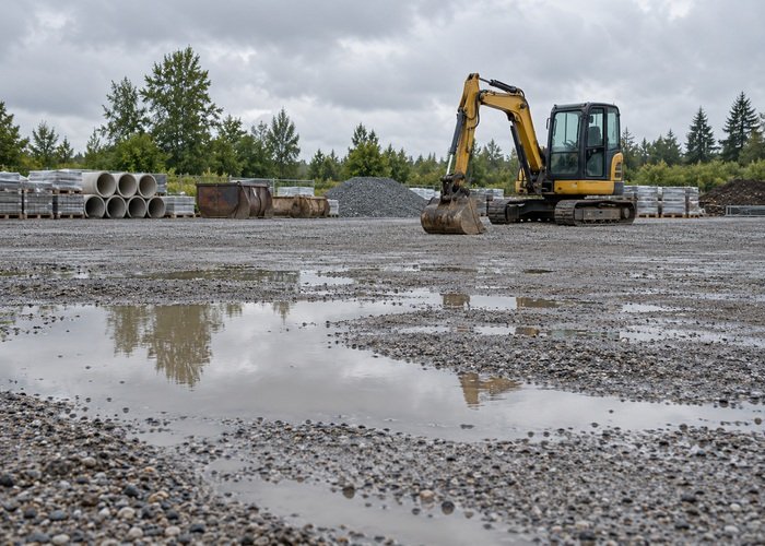 Illustrative wet staging yard with mini excavator parked on separate level area