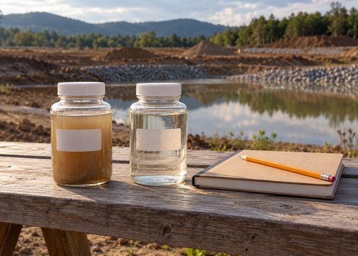 Illustrative separate water sample jars beside a closed field notebook