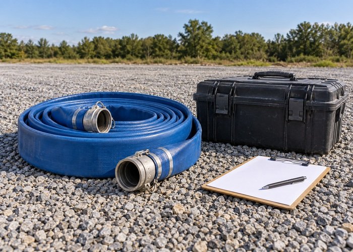 Illustrative disconnected coiled hose beside a closed case and blank inspection sheet