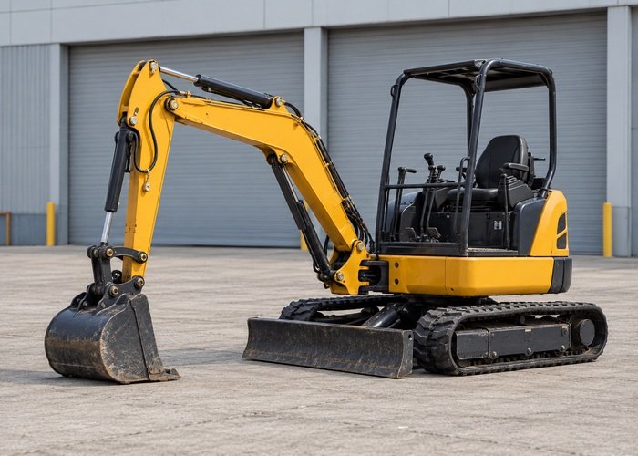 Illustrative mini excavator parked outside a closed warehouse with bucket grounded