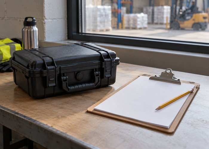 Illustrative closed field-instrument case beside a blank exposure-planning sheet