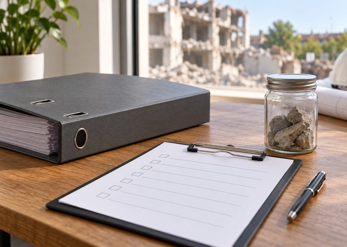 Illustrative blank demolition planning form beside closed folder and sealed fragment jar