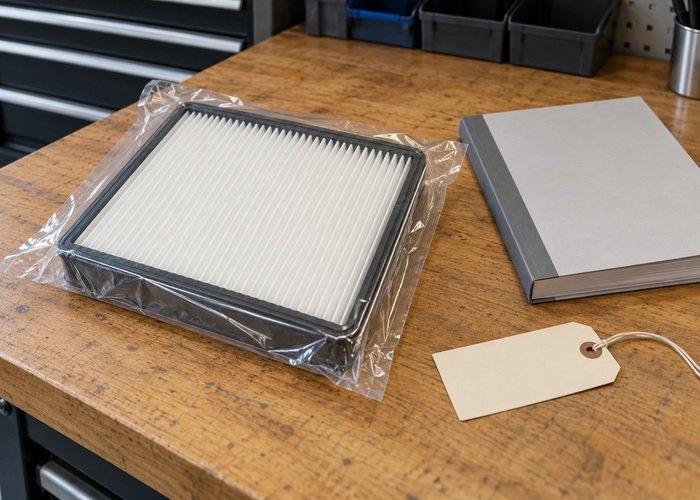 Illustrative packaged air filter beside closed manual and blank component tag