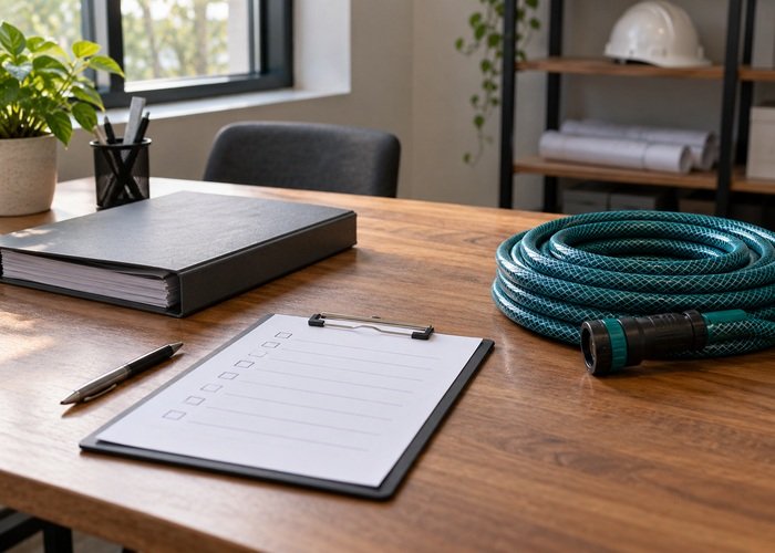 Illustrative blank crew coordination checklist beside closed site folder and unused hose