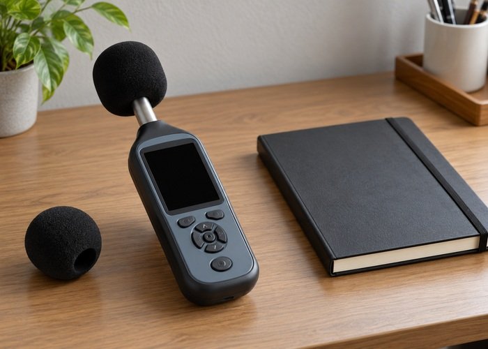 Illustrative sound-level instrument with blank dark display beside a closed notebook