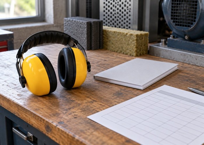 Illustrative intact earmuffs beside a closed booklet and blank task record