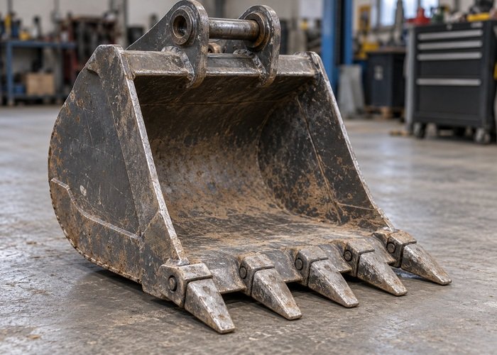 Illustrative detached excavator bucket with steel teeth resting securely on level concrete
