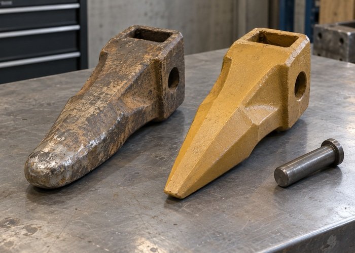 Illustrative worn and sharper detached steel bucket tooth tips beside a retention pin