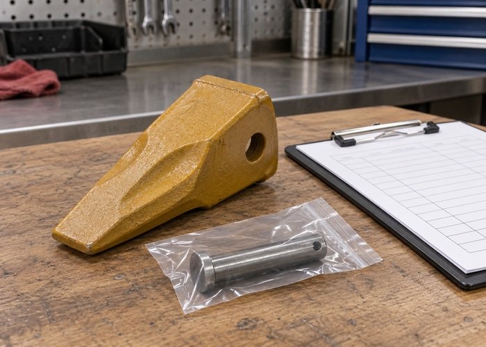 Illustrative steel bucket tooth and sealed hardware packet beside a blank parts record