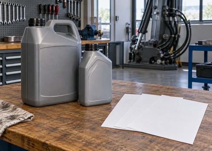 Illustrative sealed lubricant containers beside blank technical documents