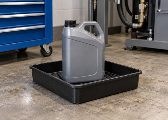 Illustrative closed lubricant container standing in a clean spill-containment tray