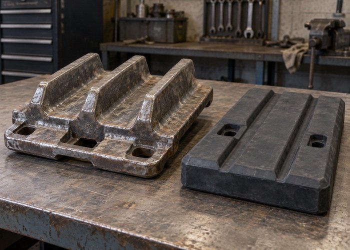 Illustrative separate steel track shoe and rubber pad on a workshop bench