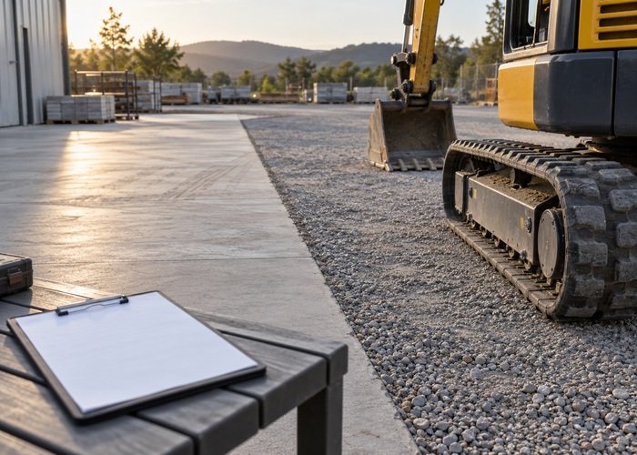 Illustrative paved yard meeting gravel beside a stationary rubber track and blank inspection record