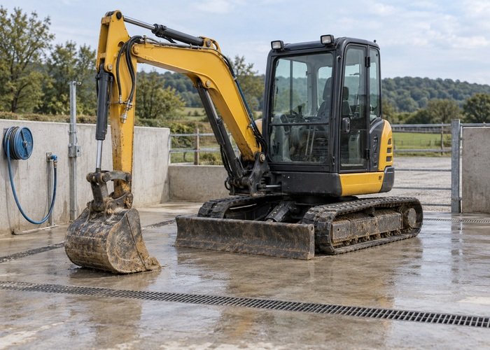 Illustrative parked mini excavator with grounded bucket at an outdoor cleaning bay