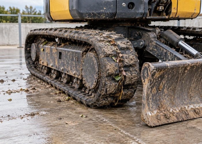 Illustrative stationary excavator track with retained dried soil and plant fragments