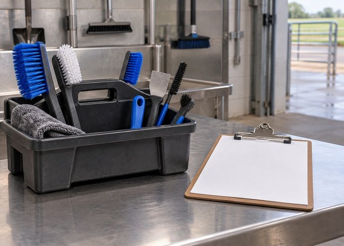 Illustrative cleaning brushes in a tray beside a blank equipment transfer record