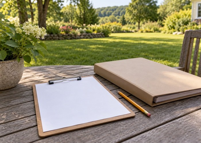 Illustrative blank property record beside a closed folder on a garden table