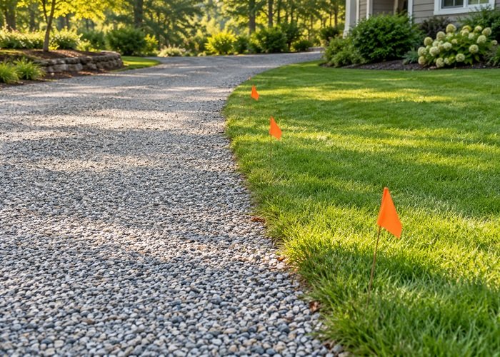 Illustrative gravel path beside lawn with unmarked orange flags