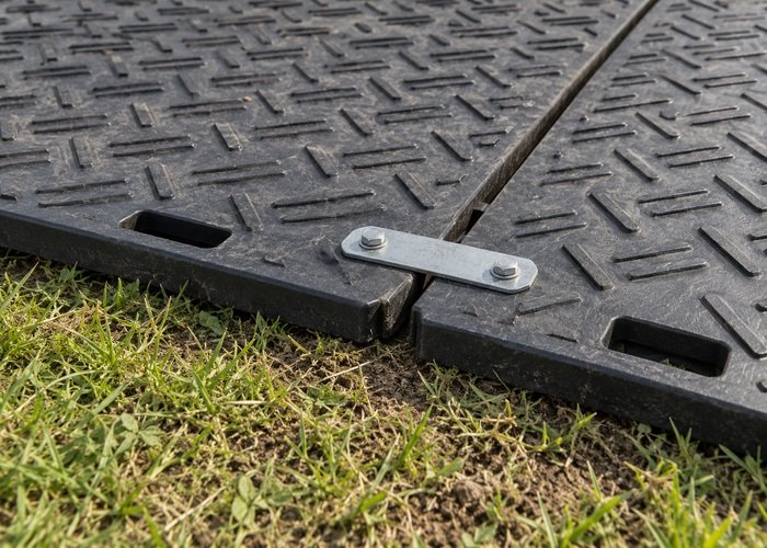 Illustrative ground-protection panel edges with a coherent connector on level ground