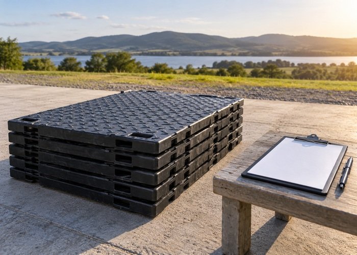 Illustrative stacked ground-protection panels beside a blank route inspection clipboard