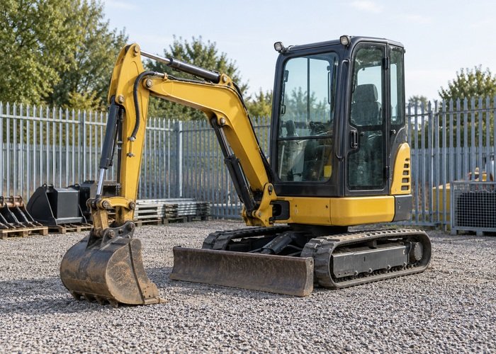 Illustrative compact excavator parked with grounded bucket inside a fenced equipment yard