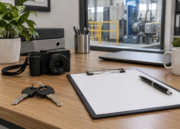 Illustrative machine keys and blank asset record beside a camera on a desk