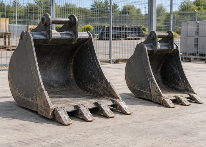 Illustrative detached excavator buckets resting in an orderly fenced storage area