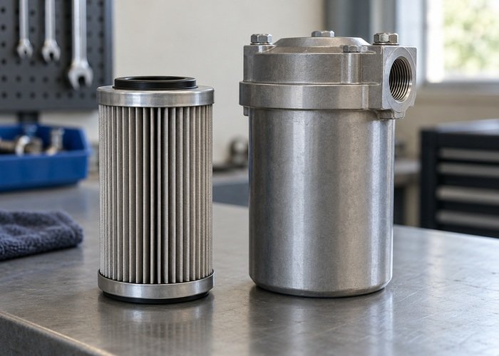 Illustrative hydraulic filter cartridge and closed filter housing on a clean bench