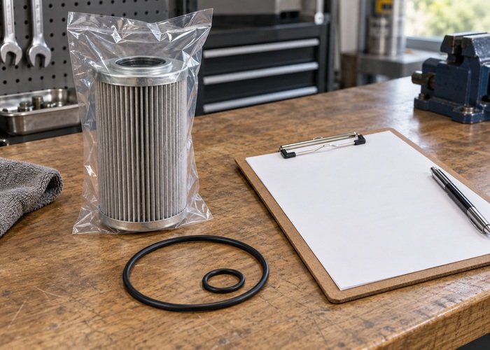 Illustrative packaged filter element and seals beside a blank maintenance record