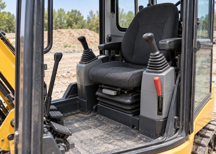 Illustrative unoccupied excavator cab with a generic control-isolation lever