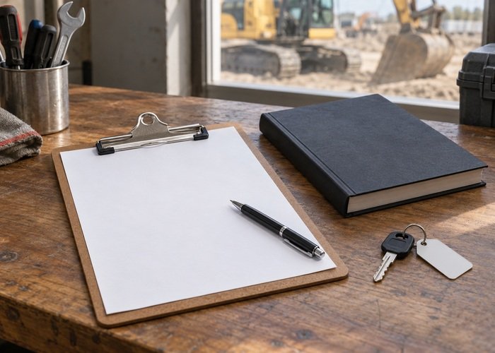 Illustrative blank equipment defect form beside a closed manual and a key