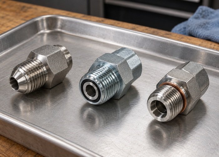 Illustrative separate threaded fitting samples with different generic sealing faces