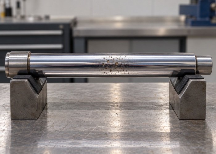 Illustrative detached cylinder rod sample with surface marks on padded supports