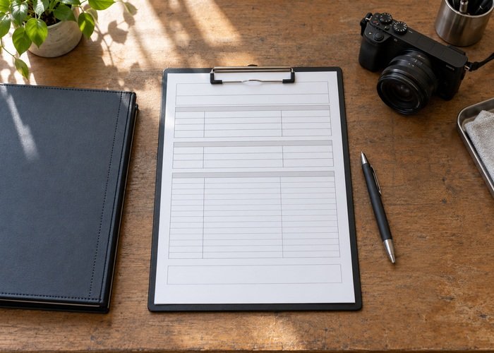 Illustrative blank cylinder inspection request beside camera and closed folder