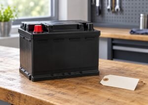 Illustrative detached starter battery with protected terminals and blank identity tag