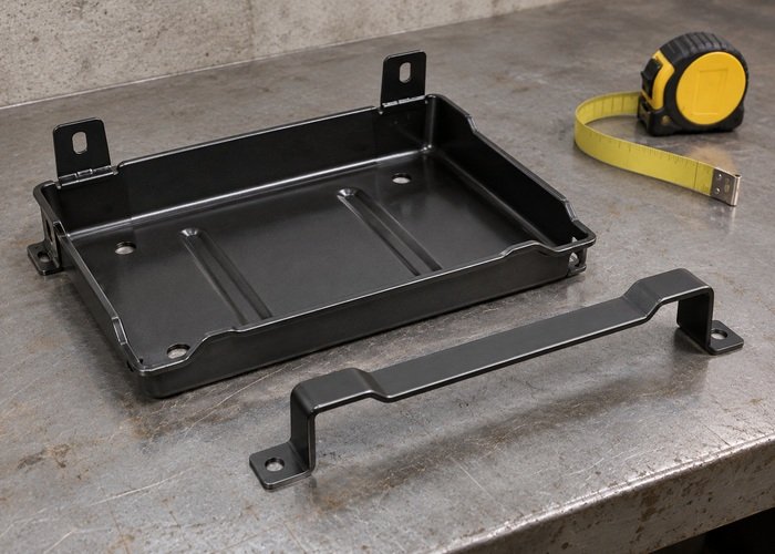 Illustrative empty battery tray and separate hold-down bracket on service bench