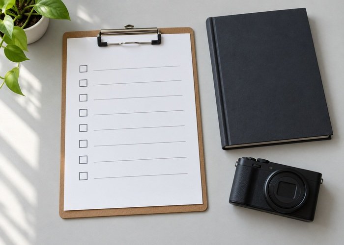 Illustrative blank battery specification form beside closed manual and camera