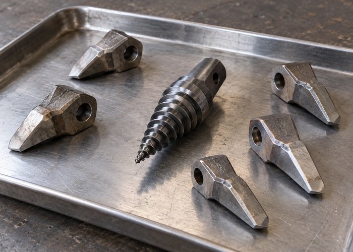 Illustrative separate cutting teeth and pilot component on a workshop tray