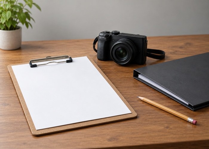 Illustrative blank wear inspection record beside a camera and closed parts folder