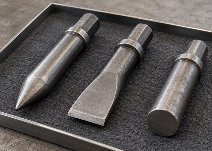 Illustrative separate conical, wedge and blunt steel tool tips on parts tray