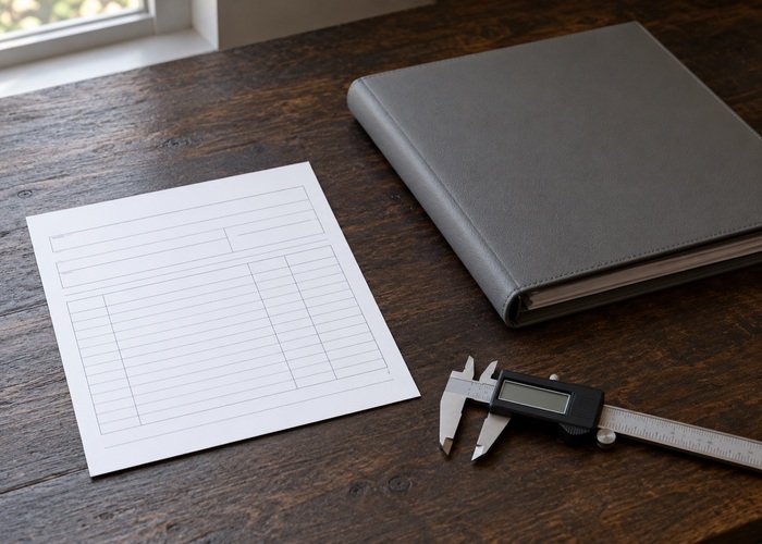 Illustrative blank breaker tool order card beside closed folder and separate caliper