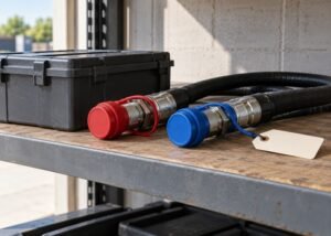 Illustrative capped attachment hose ends beside blank storage tag