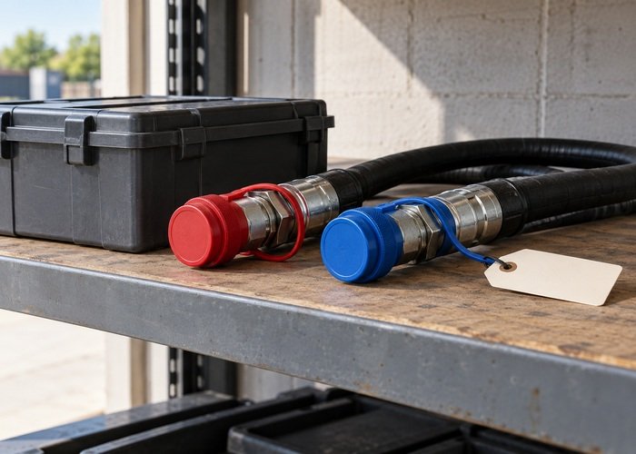 Illustrative capped attachment hose ends beside blank storage tag
